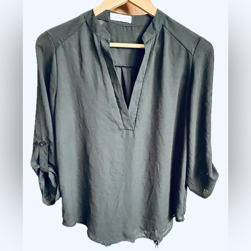 Lucid Pink Sheer Black button cuff split neck top